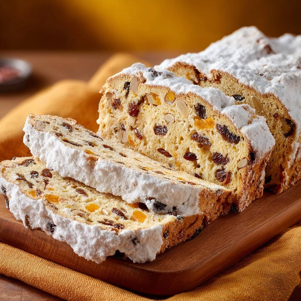 Christstollen Wie Vom Baecker Querschnitt 1 Christstollen wie vom Bäcker: Ein saftiger Querschnitt zeigt die Früchte und Nüsse, die in diesem weihnachtlichen Gebäck stecken.