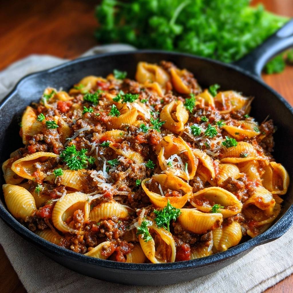 Conchiglie Mit Hackfleischsosse Draufsicht Serviert 1 Conchiglie mit Hackfleischsoße, serviert in einer gusseisernen Pfanne, garniert mit frischer Petersilie und geriebenem Käse.