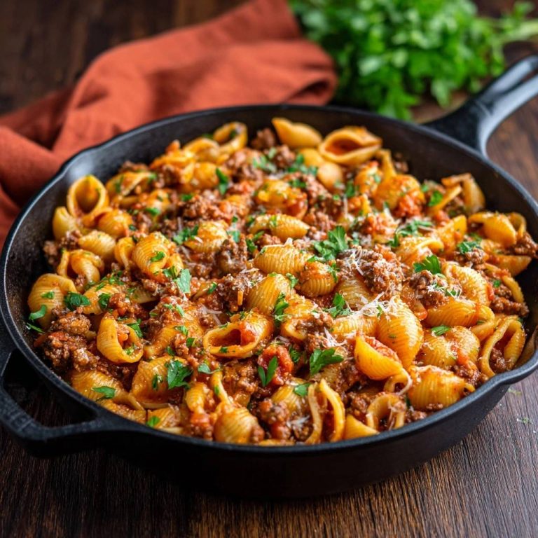 Conchiglie mit Hackfleischsoße, serviert in einer gusseisernen Pfanne, garniert mit frischer Petersilie und geriebenem Käse. Ein köstliches Nudelgericht, das zum Genießen einlädt.