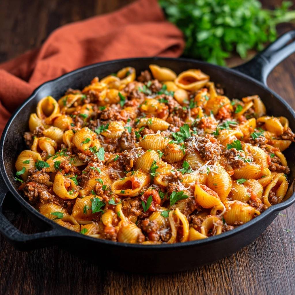 Conchiglie mit Hackfleischsoße, serviert in einer gusseisernen Pfanne, garniert mit frischer Petersilie und geriebenem Käse. Ein köstliches Nudelgericht, das zum Genießen einlädt.