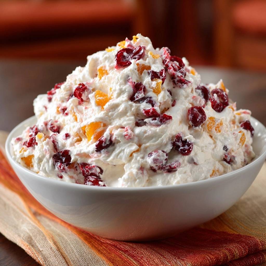 Cranberry Mandarinen Creme Dip Nahaufnahme 1 Cranberry-Mandarinen-Creme-Dip in einer Nahaufnahme, die die cremige Textur und die fruchtigen Zutaten in der Schüssel zeigt.