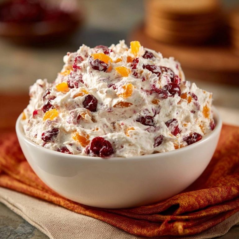 Cranberry-Mandarinen-Creme-Dip in einer weißen Schüssel, Nahaufnahme mit getrockneten Cranberries und Mandarinenstücken. Der cremige Dip ist perfekt angerichtet.