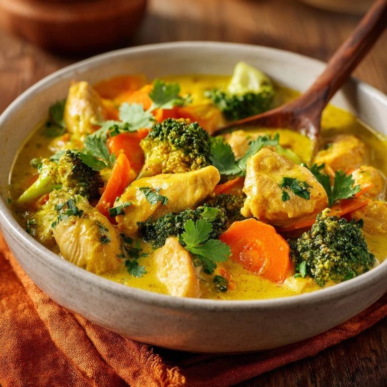 Cremiges gelbes Hähnchen-Curry mit Brokkoli, serviert in einer Schüssel, garniert mit frischer Petersilie und bereit zum Genießen.