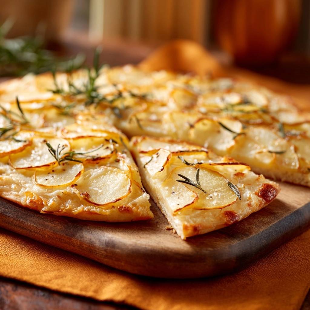 Cremig Knusprige Kartoffel Rosmarin Pizza Querschnitt 1 Cremig-knusprige Kartoffel-Rosmarin-Pizza in Nahaufnahme: Ein Stück Pizza mit knusprigem Boden und saftigen Kartoffelscheiben, serviert auf einem Holzbrett.