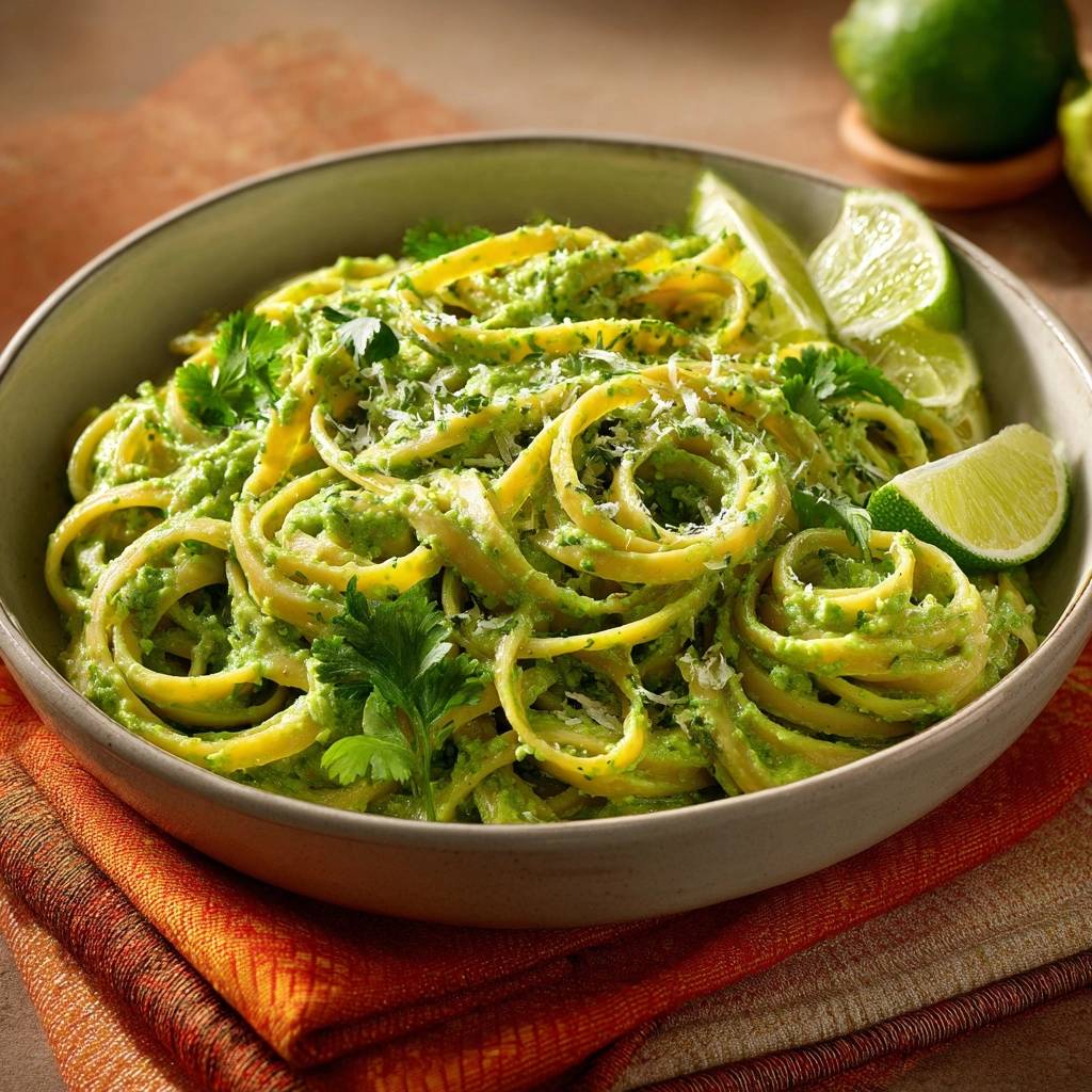 Cremige Avocado Limetten Tagliatelle Serviert 1 Cremige Avocado-Limetten-Tagliatelle, serviert in einer Schüssel, liebevoll mit Limettenstücken und frischen Kräutern garniert.