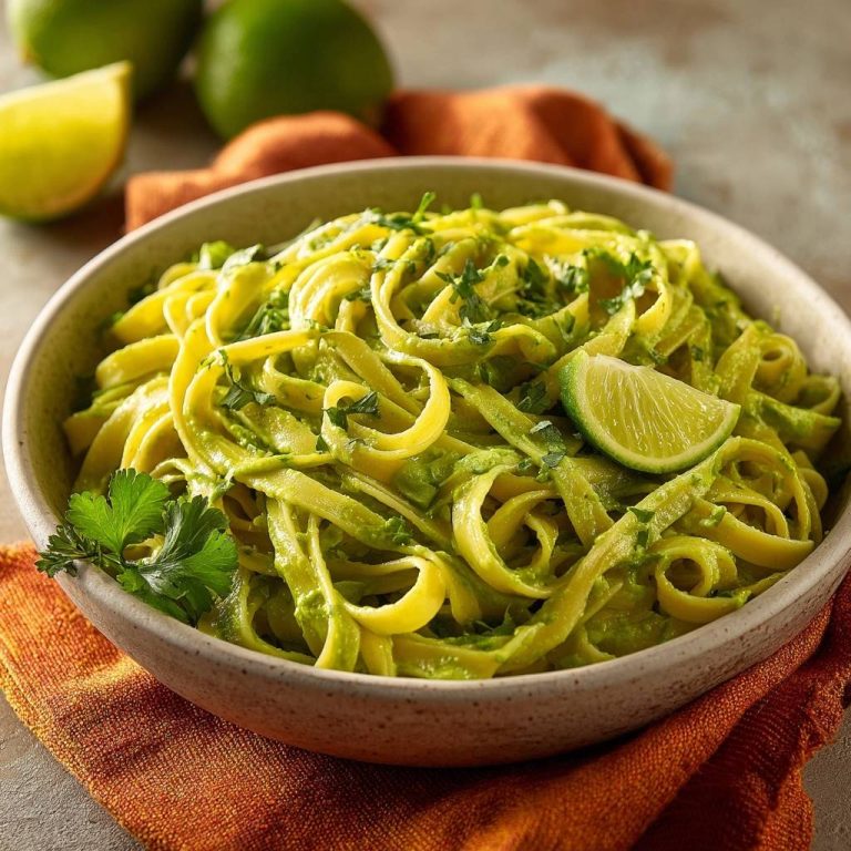 Cremige Avocado-Limetten-Tagliatelle, serviert in einer rustikalen Schüssel, mit frischer Limettenscheibe und Kräutern garniert. Ein köstliches Pastagericht.