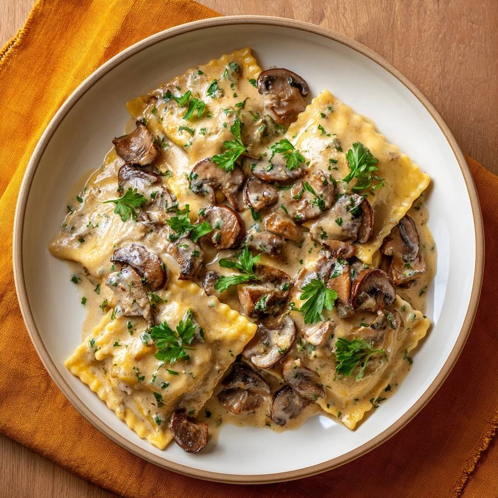 Cremige Champignon Ravioli Draufsicht Serviert 1 Cremige Champignon-Ravioli, serviert in einer cremigen Soße, garniert mit frischer Petersilie, aus der Vogelperspektive gesehen. Ein köstliches vegetarisches Gericht.