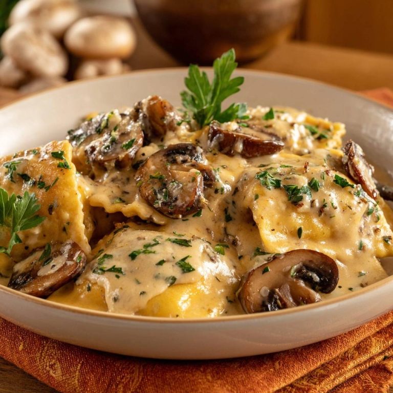 Cremige Champignon-Ravioli, serviert in einer Schüssel, mit reichlich cremiger Soße und frischen Kräutern garniert. Eine köstliche Mahlzeit.