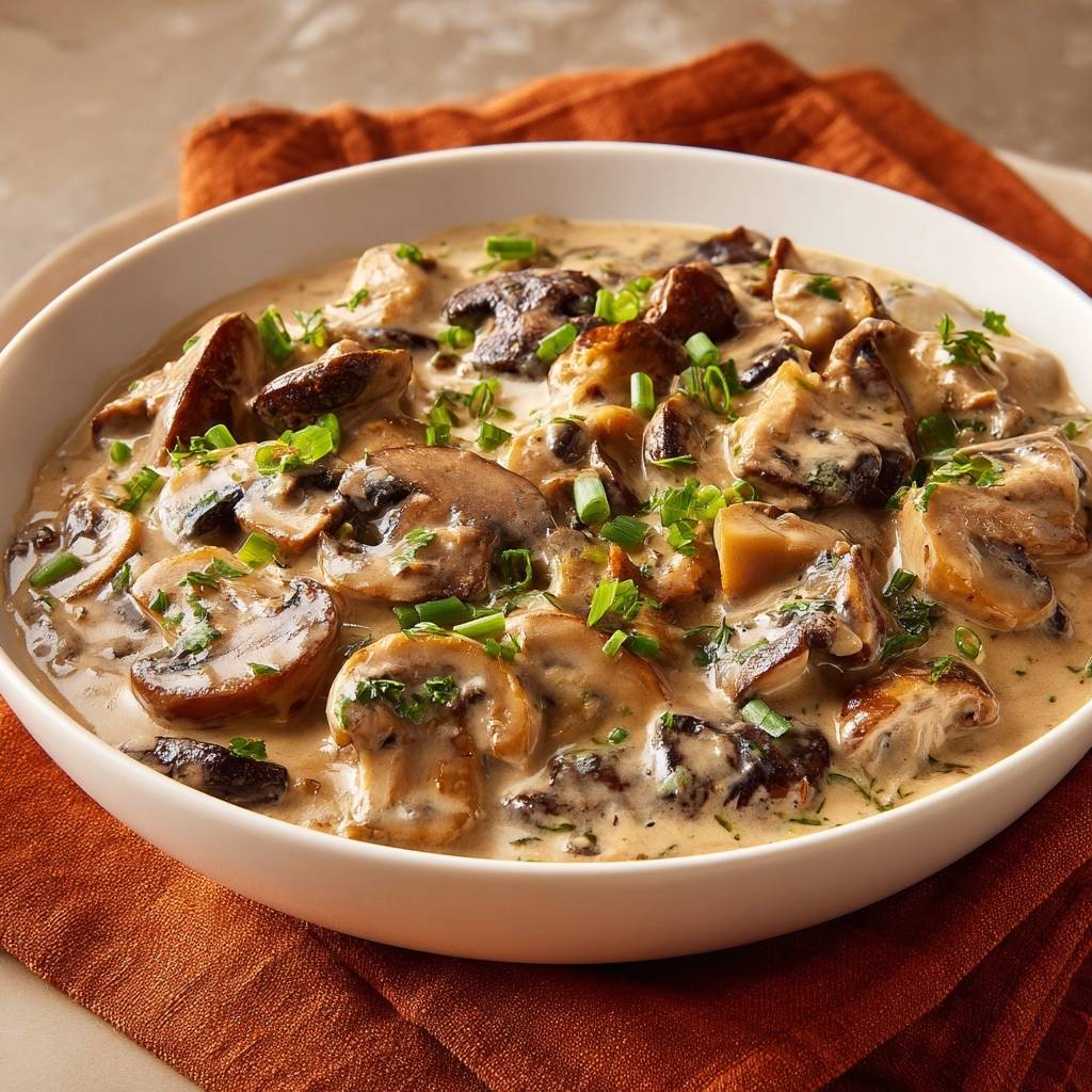 Cremige Champignon Suppe Nahaufnahme Serviert 1 Cremige Champignon-Suppe, serviert in einer weißen Schüssel. Eine Nahaufnahme zeigt die cremige Konsistenz und die frischen Kräuter.