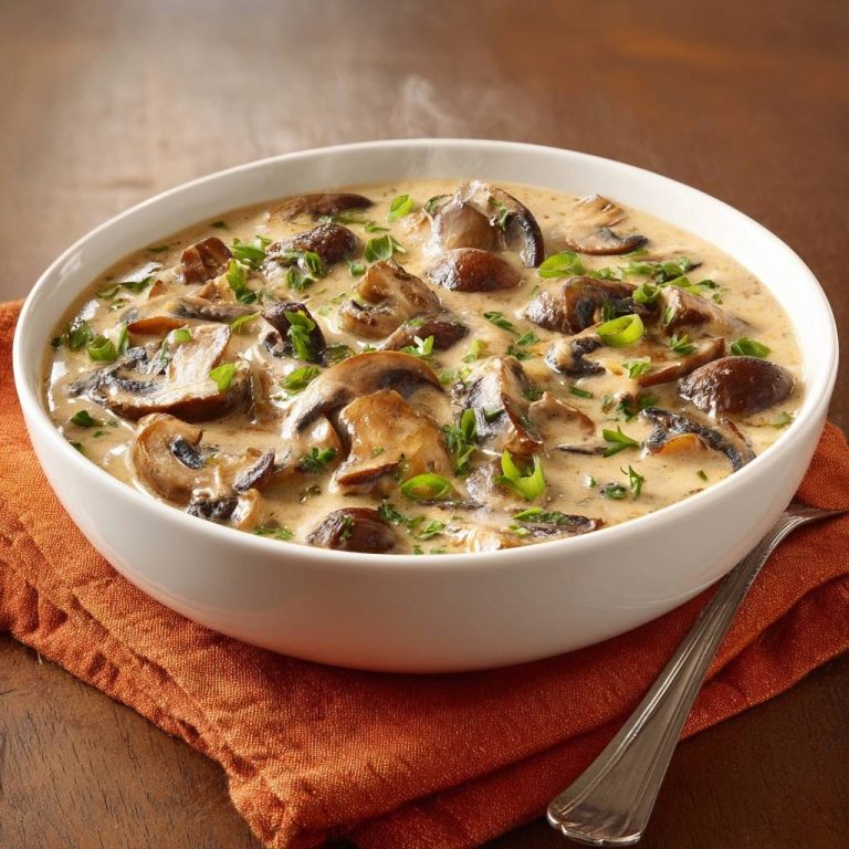 Cremige Champignon-Suppe, serviert in einer weißen Schüssel von oben gesehen, mit frischen Kräutern garniert und servierfertig.