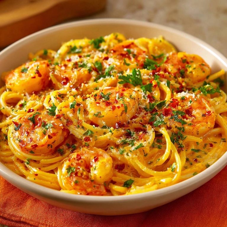 Cremige Chili-Garnelen-Spaghetti in Nahaufnahme, garniert mit frischer Petersilie und Chili-Flocken, serviert in einer cremigen Soße.
