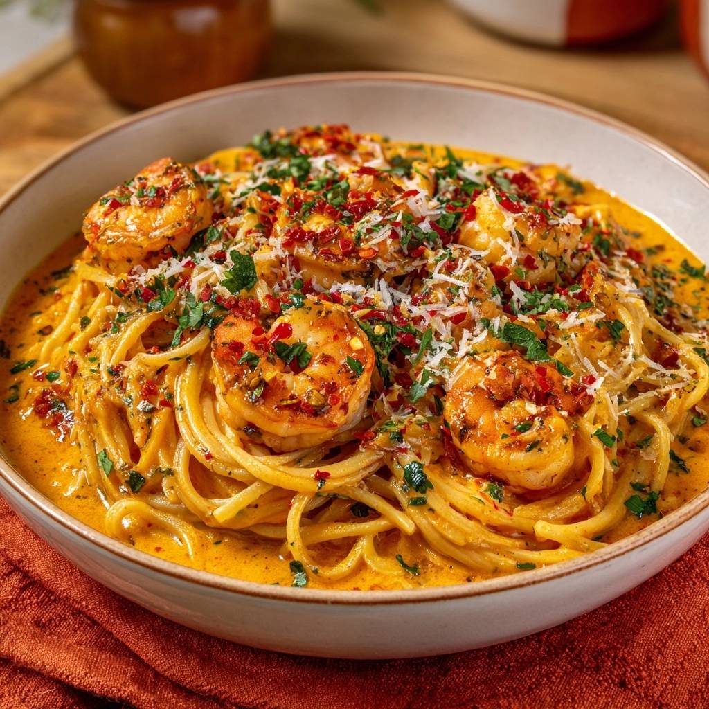 Cremige Chili Garnelen Spaghetti Draufsicht Serviert 1 Cremige Chili-Garnelen-Spaghetti, serviert in einer Schüssel, garniert mit frischer Petersilie und Chili-Flocken. Dieses köstliche Gericht ist perfekt für ein schnelles Abendessen.