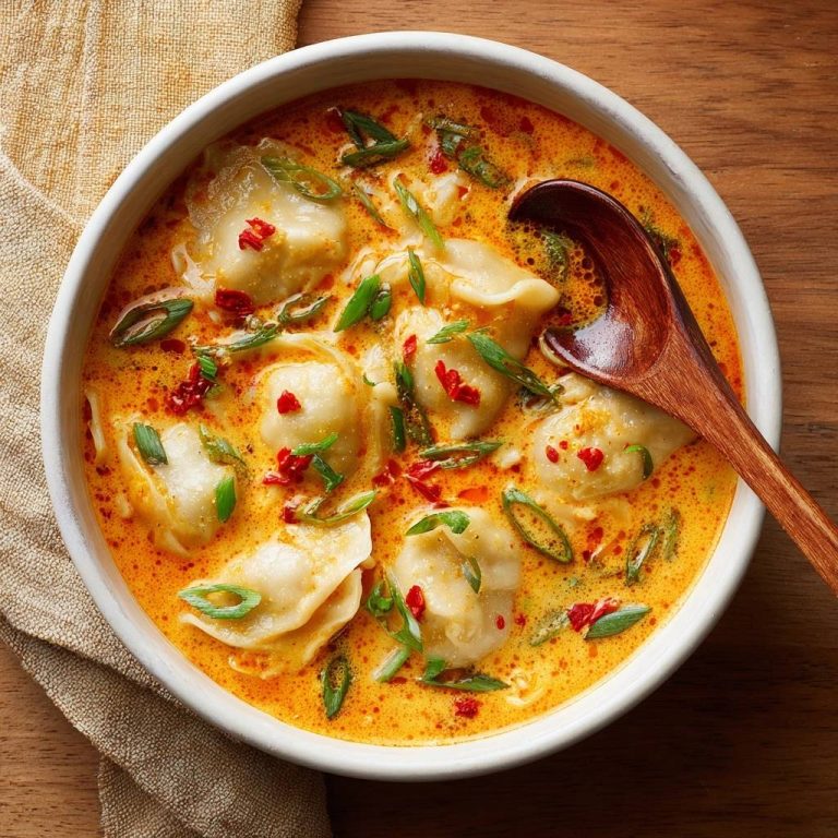 Cremige Chili-Teigtaschen-Suppe in einer Schüssel, garniert mit frischen Kräutern und Chili-Flocken, serviert von oben. Ein köstliches Gericht für kalte Tage.