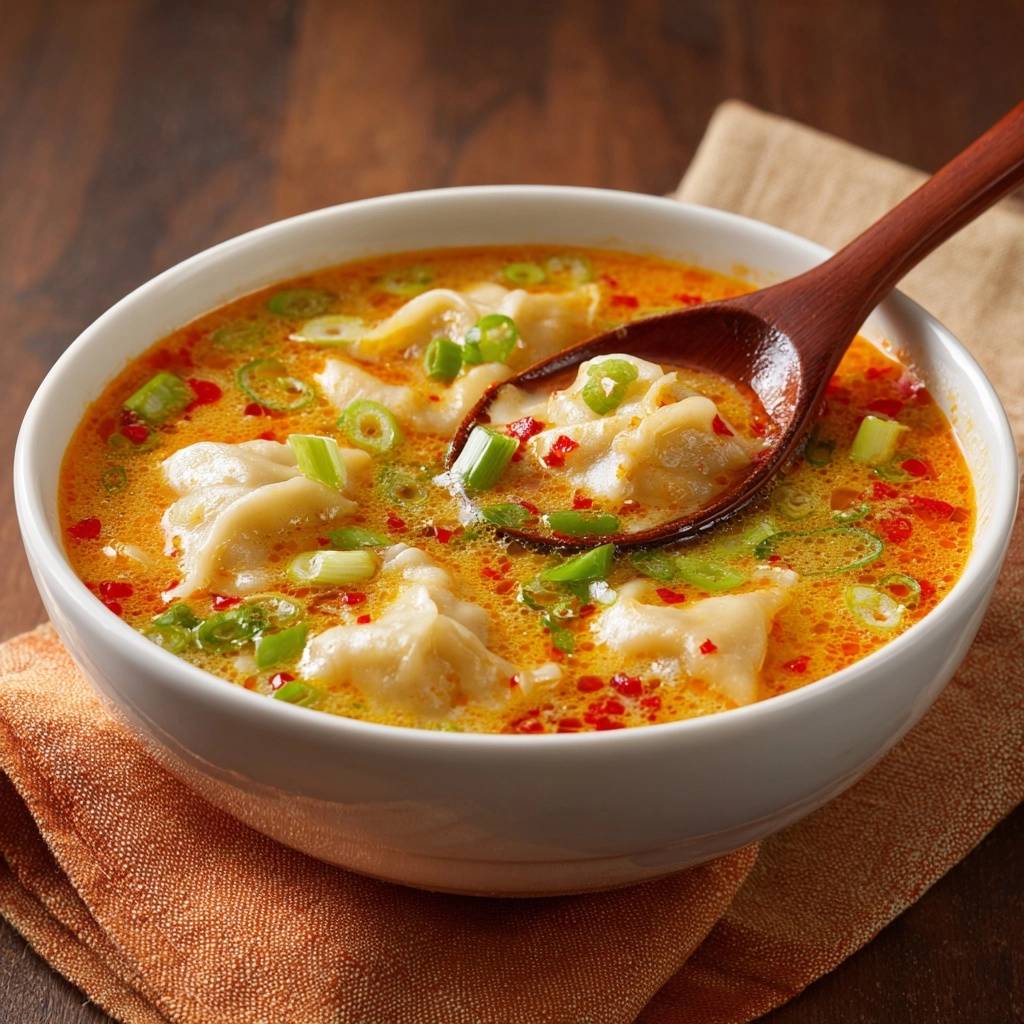 Cremige Chili Teigtaschen Suppe Nahaufnahme 1 Cremige Chili-Teigtaschen-Suppe in einer weißen Schüssel, serviert mit einem Holzlöffel, der die leckere Suppe zeigt.