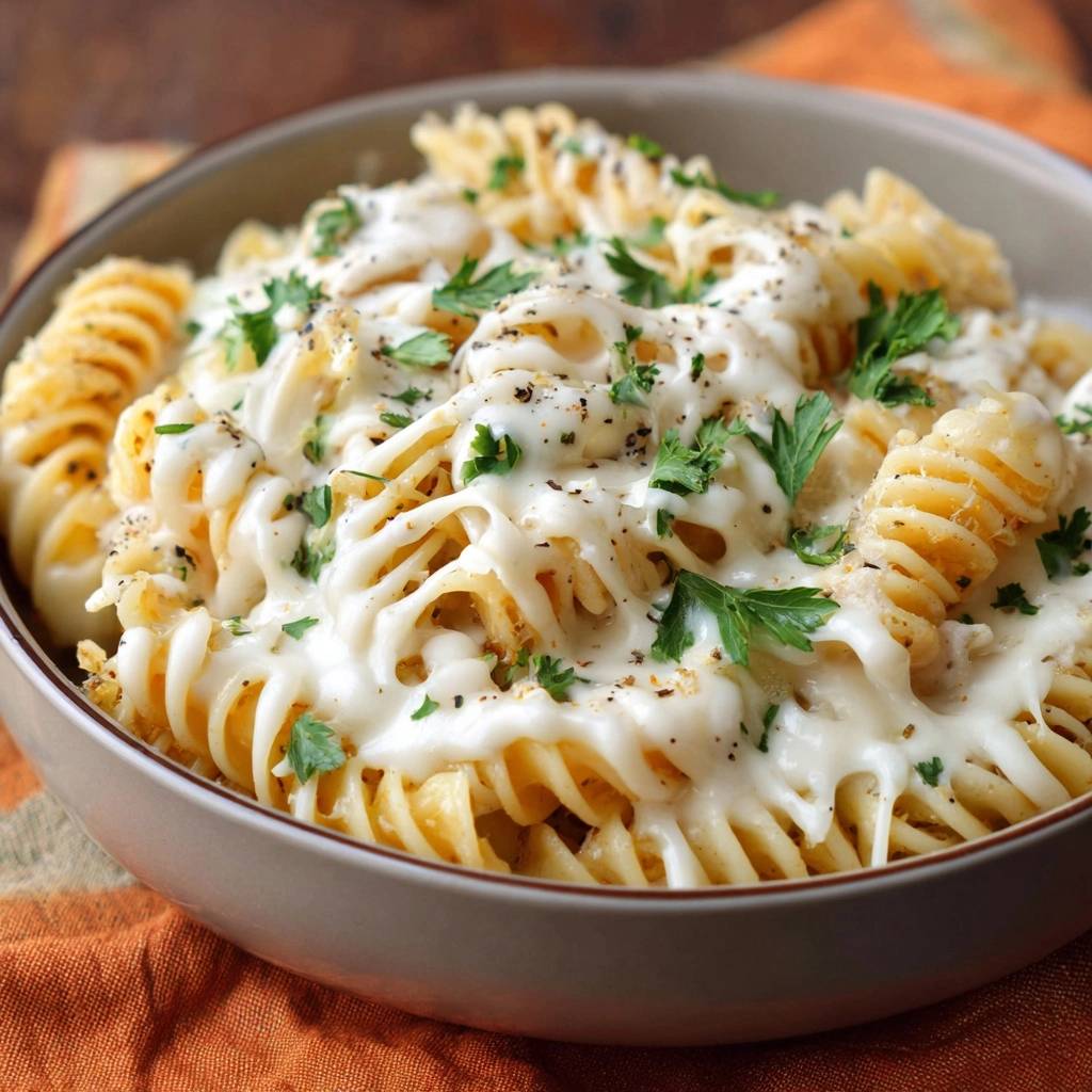 Cremige Fusilli Mit Pfeffer Draufsicht Serviert 1 Cremige Fusilli mit Pfeffer serviert in einer Schüssel. Die hausgemachte cremige Soße bedeckt die Spiralnudeln und wird mit frischer Petersilie garniert.