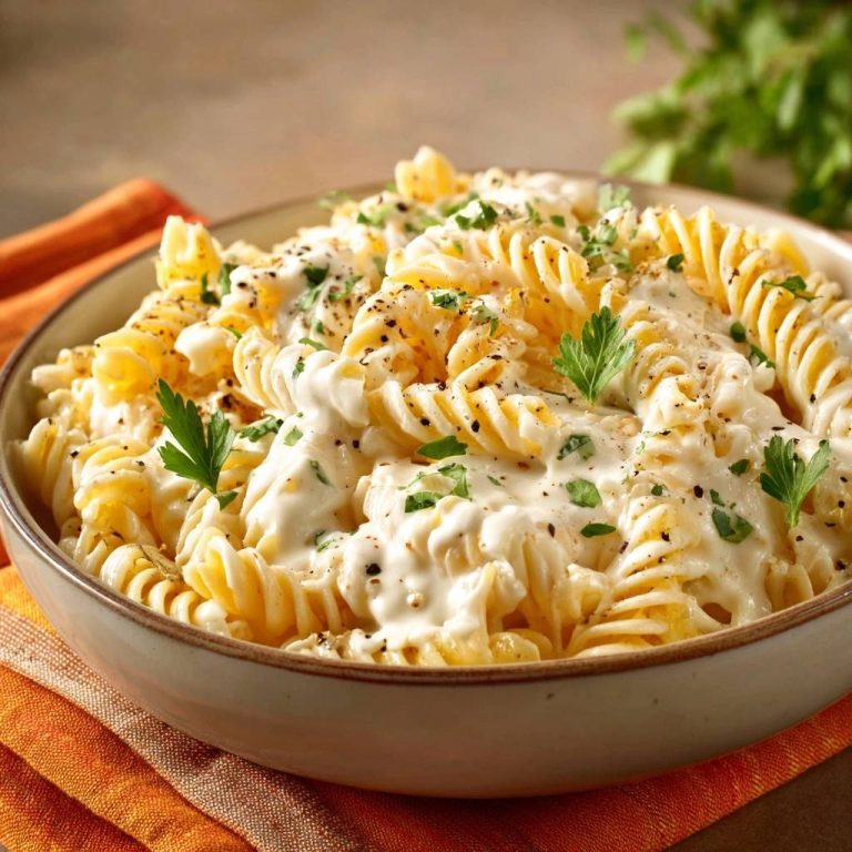 Cremige Fusilli mit Pfeffer in Nahaufnahme mit sämiger Soße und frischen Kräutern garniert, ein köstliches Pasta-Gericht.