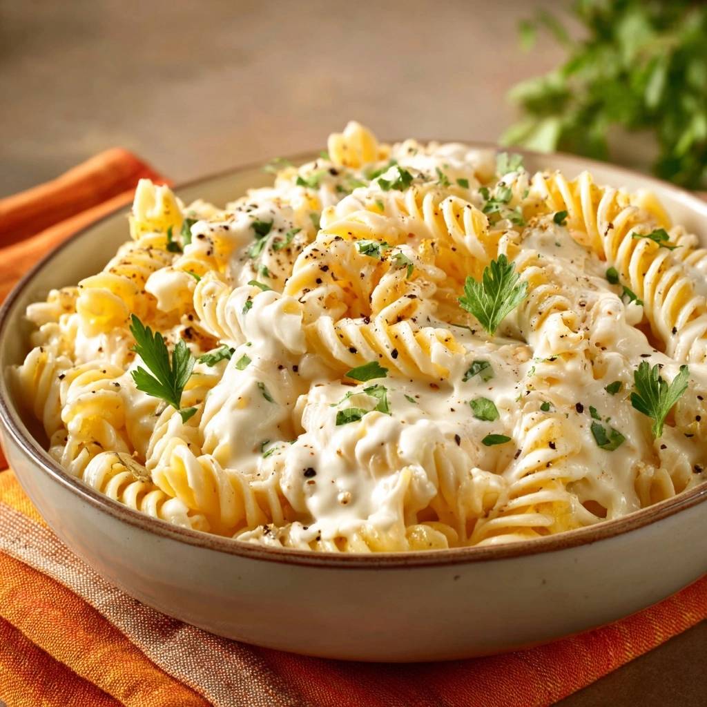 Cremige Fusilli mit Pfeffer in Nahaufnahme mit sämiger Soße und frischen Kräutern garniert, ein köstliches Pasta-Gericht.