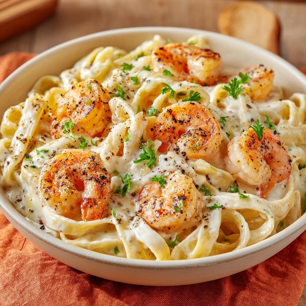 Cremige Garnelen Tagliatelle Nahaufnahme 1 Cremige Garnelen-Tagliatelle: Eine Nahaufnahme zeigt saftige Shrimps auf cremigen Tagliatelle, garniert mit frischer Petersilie und schwarzem Pfeffer.