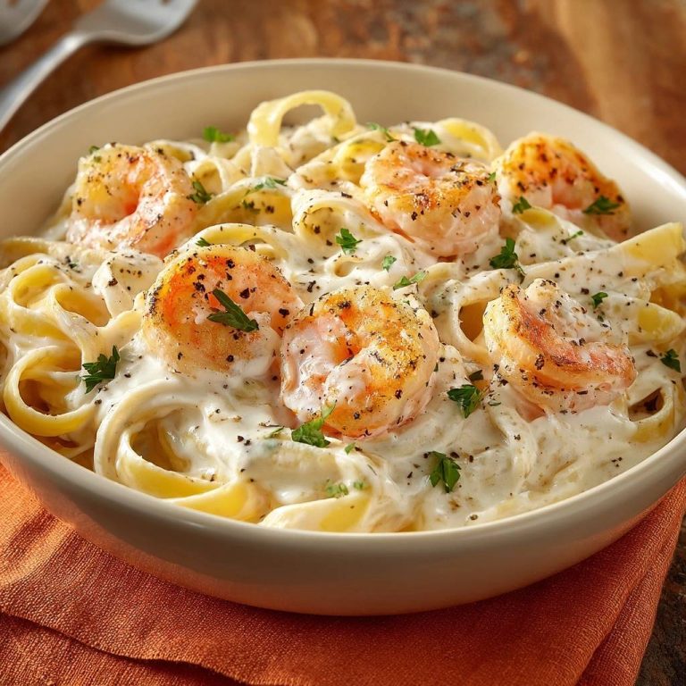 Cremige Garnelen-Tagliatelle in Nahaufnahme, garniert mit frischer Petersilie und schwarzem Pfeffer, serviert in einer cremigen Sauce.
