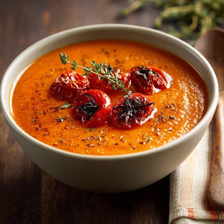 Cremige geröstete Tomatensuppe, garniert mit gerösteten Tomaten und frischen Kräutern, serviert in einer cremefarbenen Schüssel.