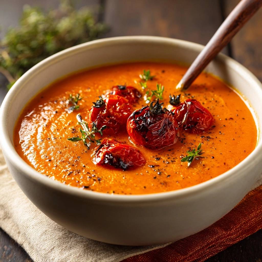 Cremige Geroestete Tomatensuppe Naheaufnahme Serviert 1 Cremige geröstete Tomatensuppe in einer Schüssel serviert, garniert mit frischem Thymian und den gerösteten Tomaten. Ein köstliches Mittag- oder Abendessen.
