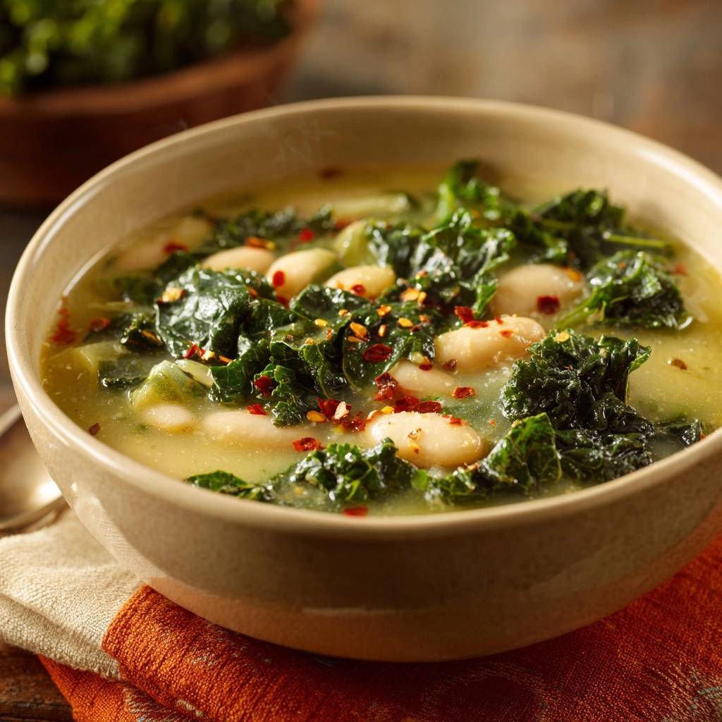 Cremige Gruenkohl Bohnensuppe Nahaufnahme 1 Cremige Grünkohl-Bohnensuppe in einer Schüssel. Nahaufnahme zeigt die Textur der Bohnen, des Grünkohls und der Brühe, garniert mit Chiliflocken.