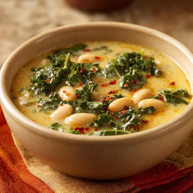Cremige Grünkohl-Bohnensuppe in einer Schüssel aus nächster Nähe betrachtet, mit grünem Grünkohl, weißen Bohnen und roten Chiliflocken.