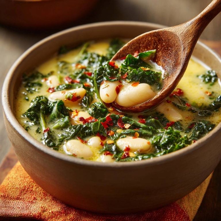 Cremige Grünkohl-Bohnensuppe in Nahaufnahme: Ein Holzlöffel hebt die cremige Suppe mit Grünkohl, Bohnen und Gewürzen hervor.