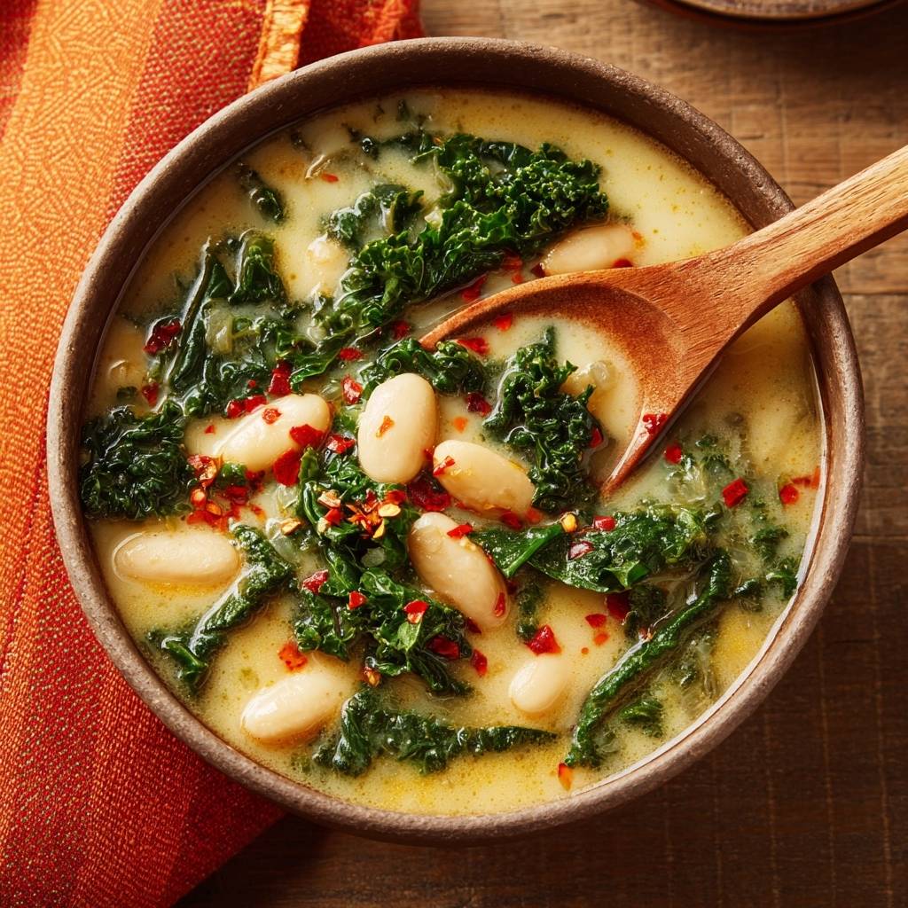 Cremige Gruenkohl Bohnensuppe Von Oben Serviert 1 Cremige Grünkohl-Bohnensuppe, serviert in einer rustikalen Schüssel, mit frischem Grünkohl, Cannellini-Bohnen und einer Holzschöpfkelle.