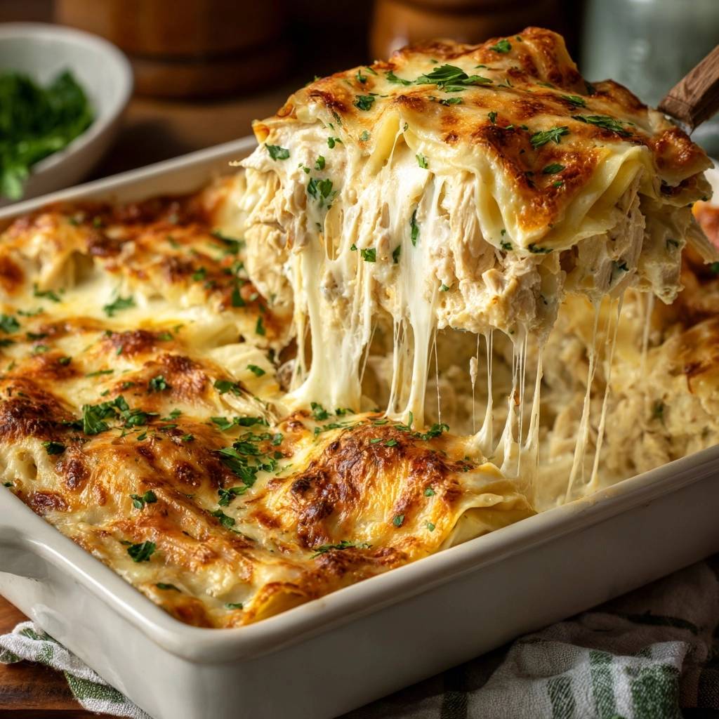 Cremige Hhnchenlasagne Querschnitt Kse Zieht 1 Cremige Hähnchenlasagne mit einem verführerischen Querschnitt, bei dem der geschmolzene Käse lange Fäden zieht.