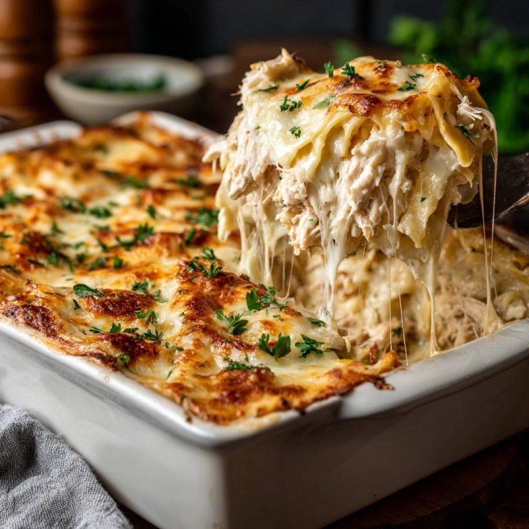 Cremige Hähnchenlasagne im Querschnitt, mit geschmolzenem Käse, der sich beim Herausnehmen aus der Form zieht, garniert mit frischer Petersilie.
