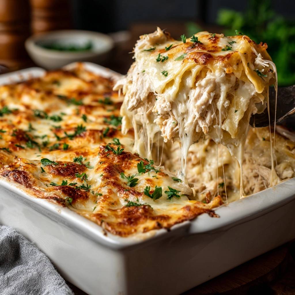 Cremige Hähnchenlasagne im Querschnitt, mit geschmolzenem Käse, der sich beim Herausnehmen aus der Form zieht, garniert mit frischer Petersilie.