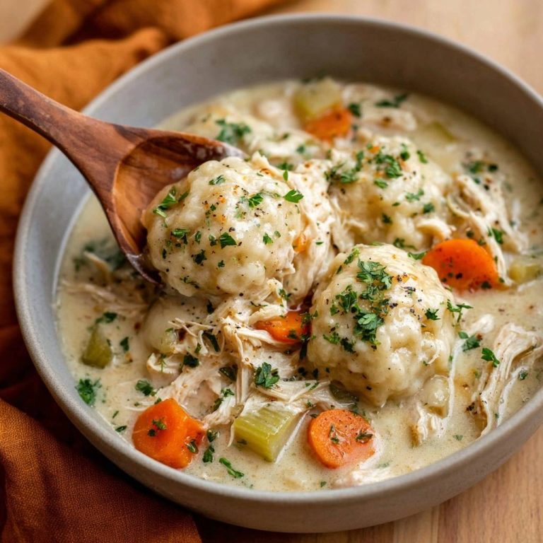 Cremige Hühnersuppe mit fluffigen Klößen in einer Nahaufnahme, die die Textur der Klöße und des cremigen Suds zeigt.