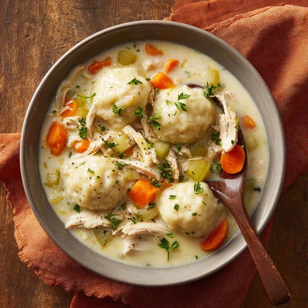 Cremige Huhnersuppe Mit Fluffigen Klossen Draufsicht 1 Cremige Hühnersuppe mit fluffigen Klößen in einer Schüssel, serviert mit frischen Kräutern und köstlichem Gemüse, aus der Draufsicht.