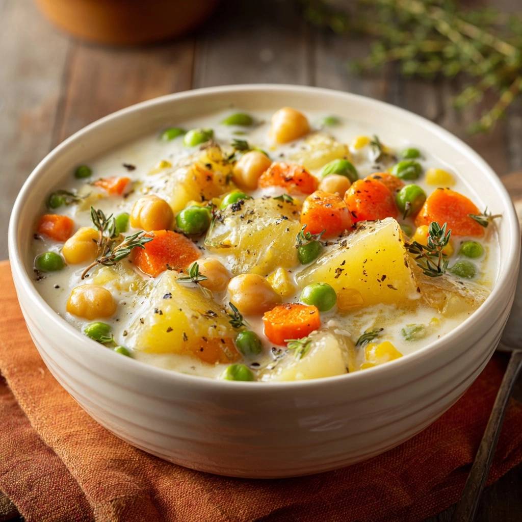 Cremige Kartoffel Gemuesesuppe Mit Kichererbsen Serviert 1 Cremige Kartoffel-Gemüsesuppe mit Kichererbsen, serviert in einer cremefarbenen Schüssel, garniert mit frischen Kräutern und köstlichem Gemüse.