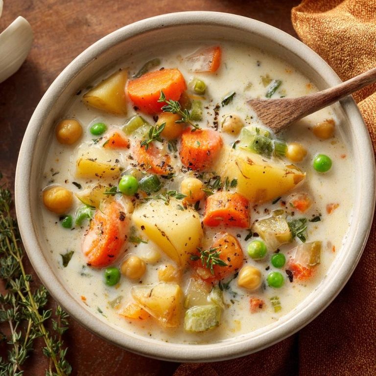 Cremige Kartoffel-Gemüsesuppe mit Kichererbsen, serviert in einer rustikalen Schüssel, mit Blick von oben auf die cremige Textur und die frischen Zutaten.
