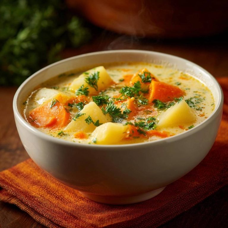 Cremige Kartoffel-Karottensuppe in einer Schüssel serviert, mit frischer Petersilie garniert. Der dampfende Eintopf zeigt Kartoffeln und Karotten in cremiger Brühe.