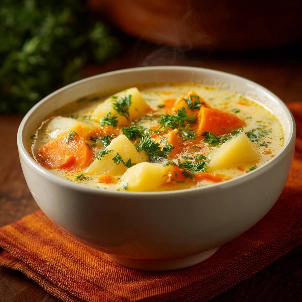 Cremige Kartoffel-Karottensuppe in einer Schüssel serviert, mit frischer Petersilie garniert. Der dampfende Eintopf zeigt Kartoffeln und Karotten in cremiger Brühe.