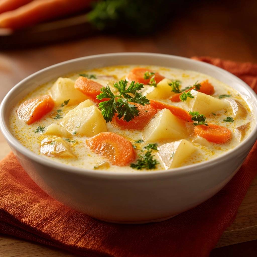 Cremige Kartoffel Karottensuppe Serviert 1 Cremige Kartoffel-Karottensuppe serviert in einer weißen Schüssel, garniert mit frischer Petersilie, bereit zum Servieren und Genießen.