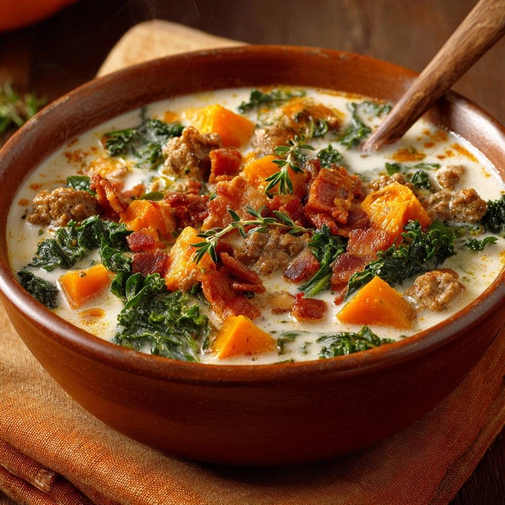 Cremige Kuerbis Gruenkohl Suppe Mit Putenhack Nahaufnahme 1 Cremige Kürbis-Grünkohl-Suppe mit Putenhack & Putenstreifen in Nahaufnahme, dampfend serviert mit knusprigem Speck und frischer Kräuter.