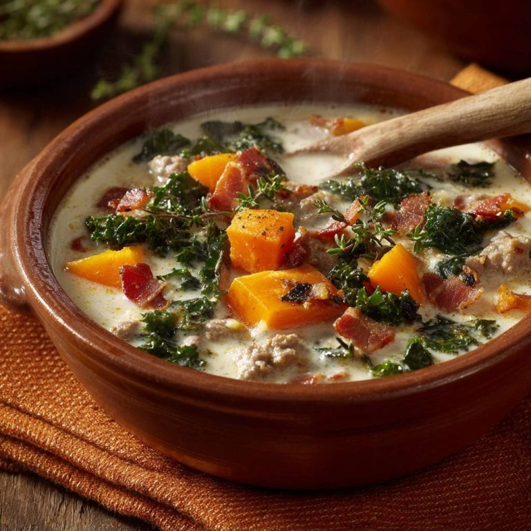 Cremige Kürbis-Grünkohl-Suppe mit Putenhack in einer rustikalen Schüssel, dampfend und mit frischen Kräutern garniert, Nahaufnahme.