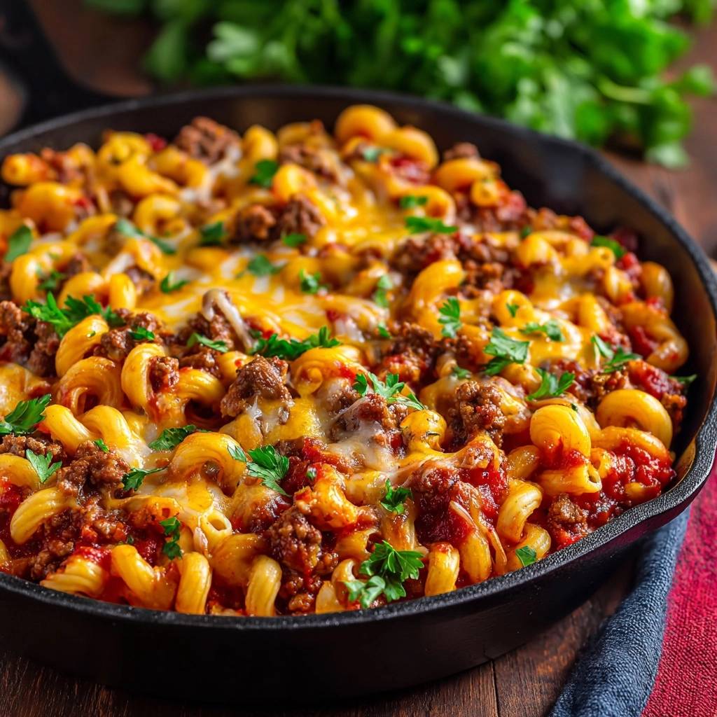 Cremige One Pot Hack Conchiglie Draufsicht Serviert 1 Cremige One-Pot Hack-Conchiglie, serviert in einer gusseisernen Pfanne, mit geschmolzenem Käse und frischer Petersilie garniert.
