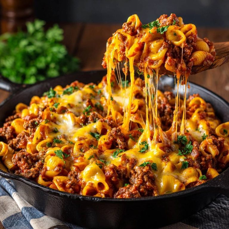 Cremige One-Pot Hack-Conchiglie, bei der der Käse von einem Holzlöffel gezogen wird, serviert in einer gusseisernen Pfanne.