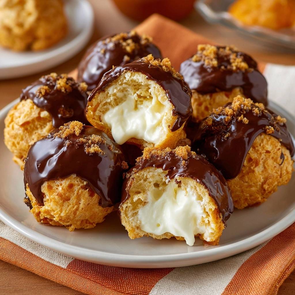 Cremige Schoko Windbeutel Querschnitt Nahaufnahme 1 Cremige Schoko-Windbeutel mit cremigem Vanille-Pudding, im Anschnitt gezeigt, mit schokoladenüberzogenen Oberflächen und Streuseln.