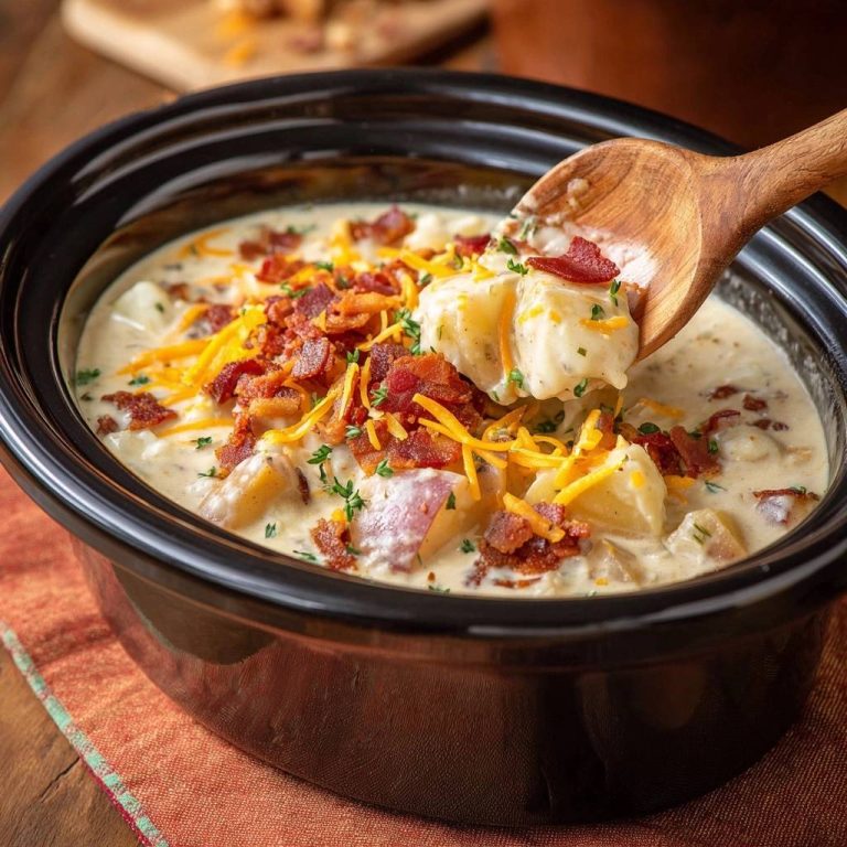 Cremige Slow-Cooker-Kartoffelsuppe mit Bacon und Käse, serviert in einer schwarzen Schüssel, mit einem Holzlöffel, der eine Portion heraushebt.
