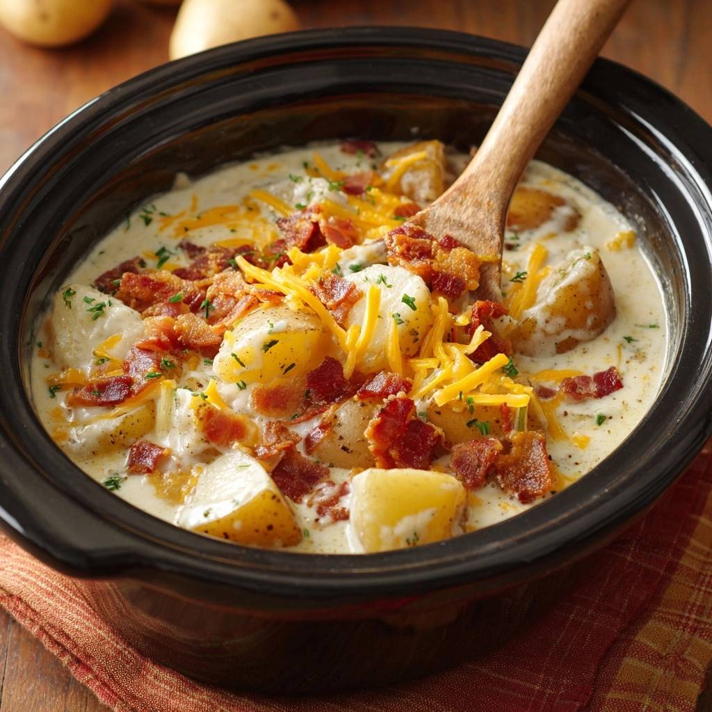 Cremige Slow Cooker Kartoffelsuppe Mit Bacon Und Kase Draufs 1 Cremige Slow-Cooker-Kartoffelsuppe mit Bacon und Käse, von oben gesehen. Die cremige Suppe ist mit Speck und geriebenem Käse garniert.