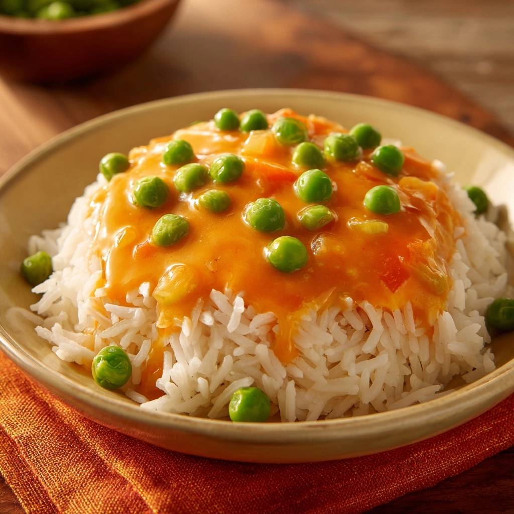 Cremigem Erbsen Karotten Curry Mit Reis Serviert 1 Cremiges Erbsen-Karotten-Curry mit Reis, serviert auf einem Teller mit frischen Erbsen als Topping und einer leckeren, cremigen Sauce.