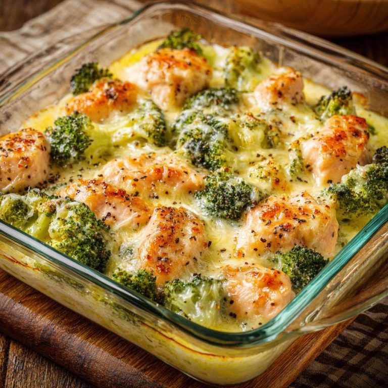 Cremiger Brokkoli-Lachs-Auflauf in einer Glasform, serviert in einer Draufsicht, mit goldbraun gebackenem Lachs und Brokkoli.