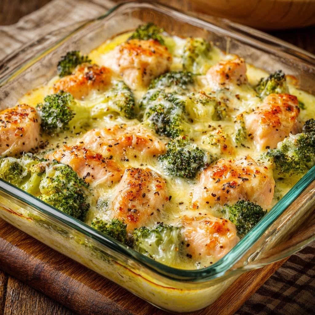 Cremiger Brokkoli-Lachs-Auflauf in einer Glasform, serviert in einer Draufsicht, mit goldbraun gebackenem Lachs und Brokkoli.