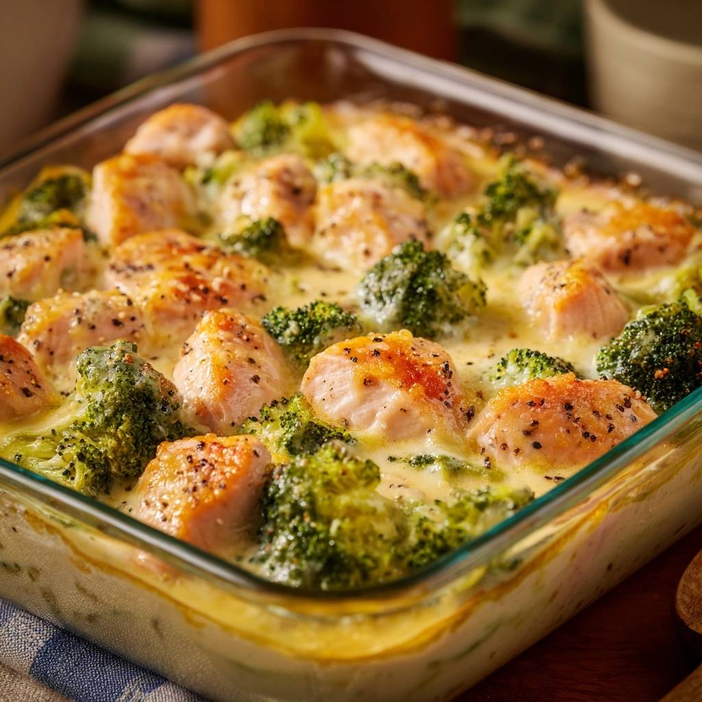 Cremiger Brokkoli Lachs Auflauf Nahaufnahme 1 Cremiger Brokkoli-Lachs-Auflauf in Nahaufnahme, mit perfekt gebratenem Lachs und Brokkoli in einer cremigen Soße. Ein köstliches und einfaches Gericht.